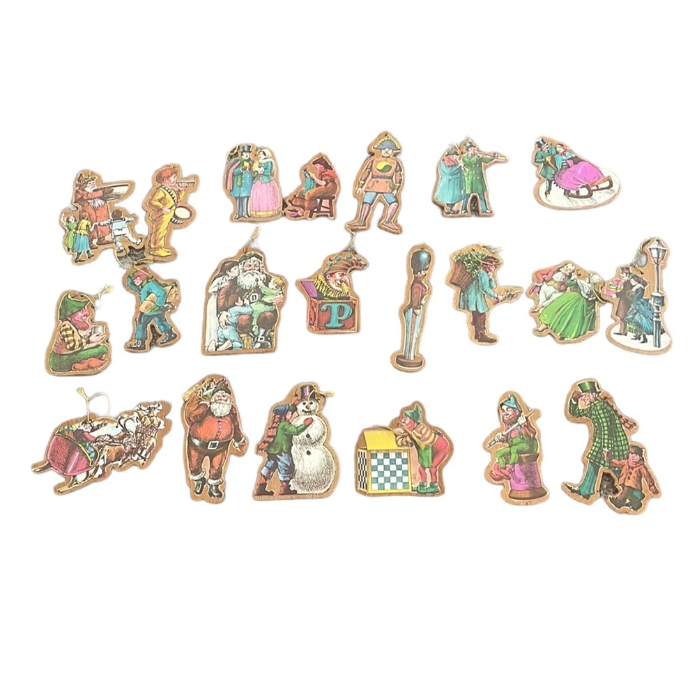 (21) Vintage Wooden Flat Diecut Two Sided Ornaments. Lot of 21 Ornaments